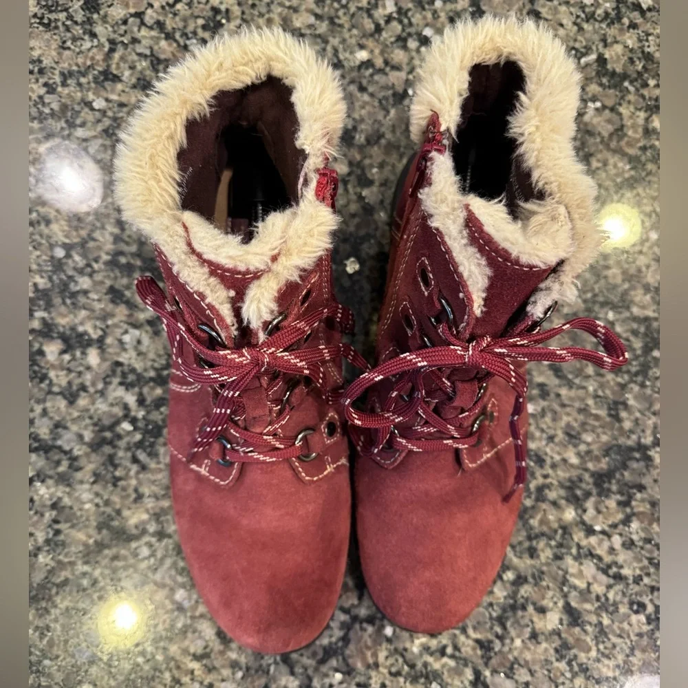 Earth Origins Leather Fur Ankle Boots Suede Burgundy 11 Comfort Walking Gorpcore - Picture 3 of 14